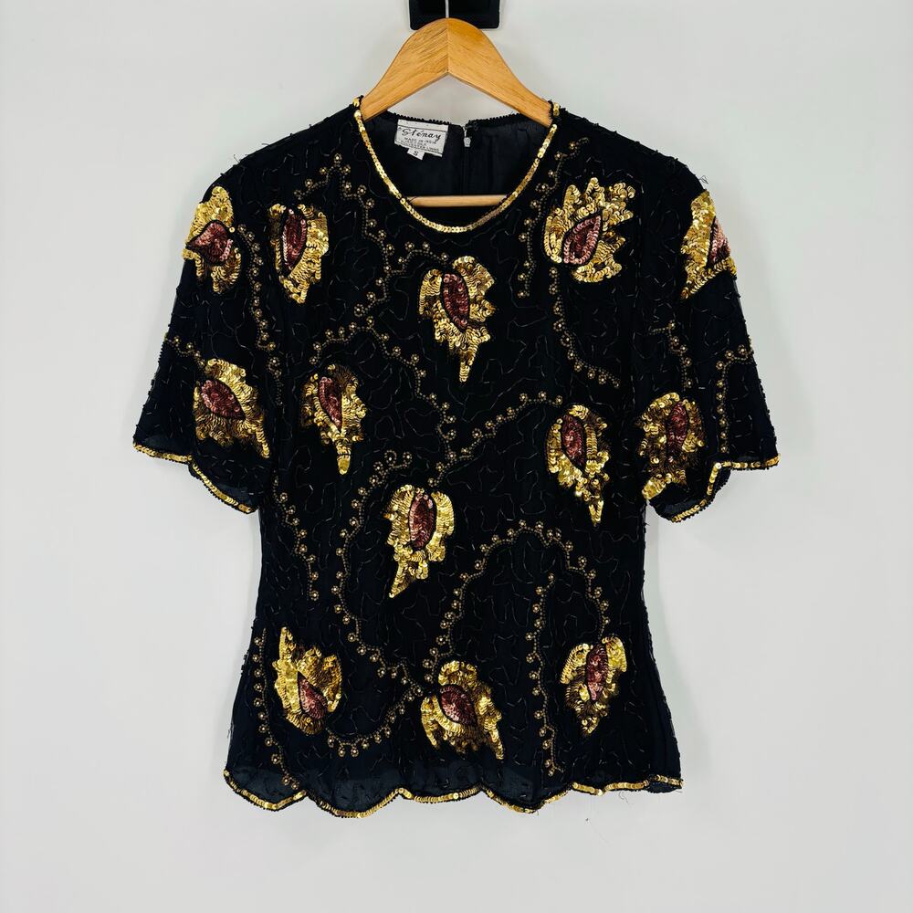 Vintage Stenay Blouse Silk Size Small Womens Sequin Embroidered Evening 80’s